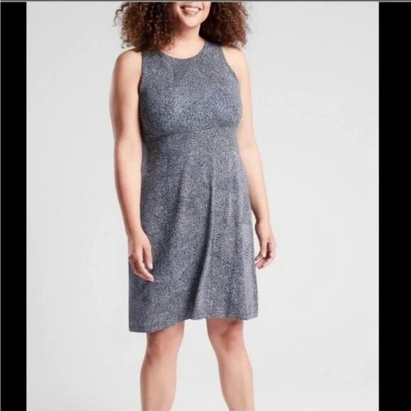 Athleta High Neck Santorini Sleeveless Dress Navy Print Sz L - Picture 2 of 10
